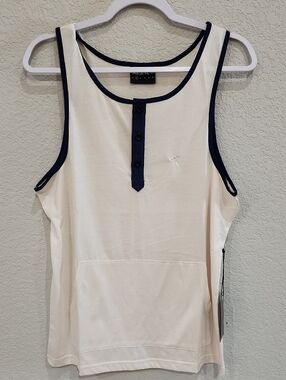 NWT ARSNL Cream Tank Navy Trim Button Front Workout Neutral Minimalist Pocket M